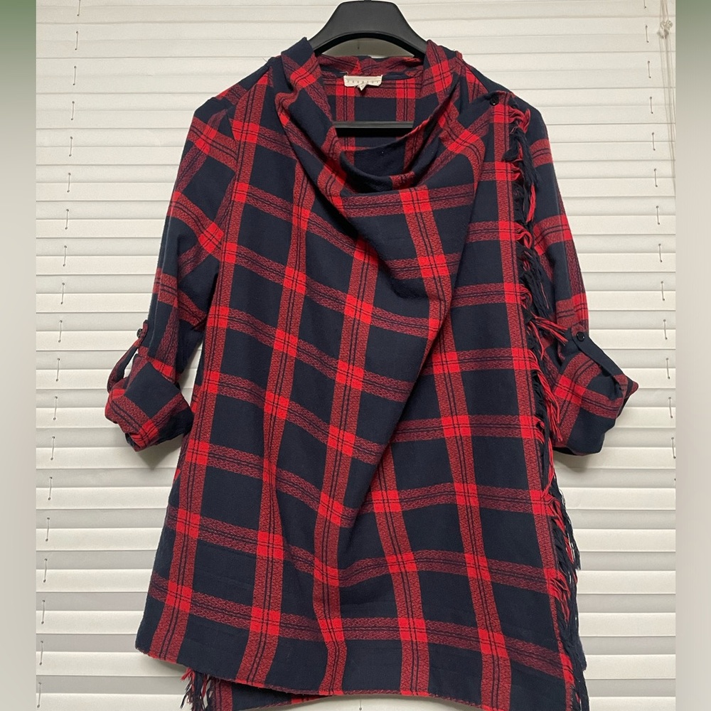 Promesa Red & Navy Plaid Asymmetrical Button Wrap Cardigan Fringe Jacket Medium